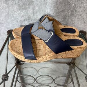HUSH PUPPIES COCO leather textile  WEDGE SANDALS WOMEN'S SZ 7M navy blue gray